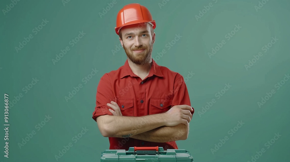 Smiling worker with red helmet and toolbox ready to work Smiling worker with red helmet and toolbox ready to work