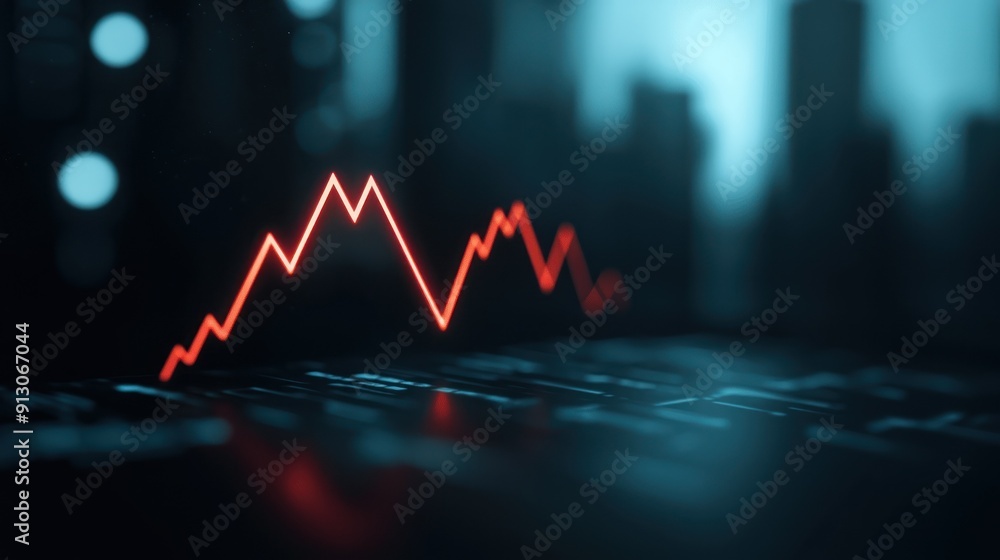 Fototapeta premium A close-up view of an upward trending stock market graph with a vibrant red line against a blurred cityscape background.