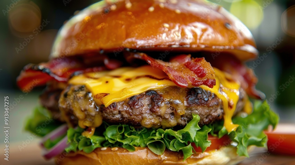Juicy Cheeseburger with Bacon and Lettuce. Juicy Cheeseburger with Bacon and Lettuce.
