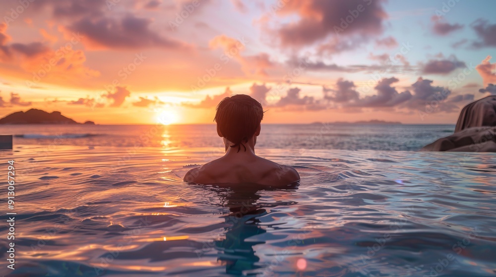 Person enjoying scenic sunset in infinity pool view Person enjoying scenic sunset in infinity pool view