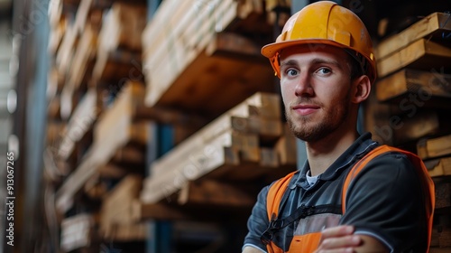 Confident worker with folded arms in lumberyard