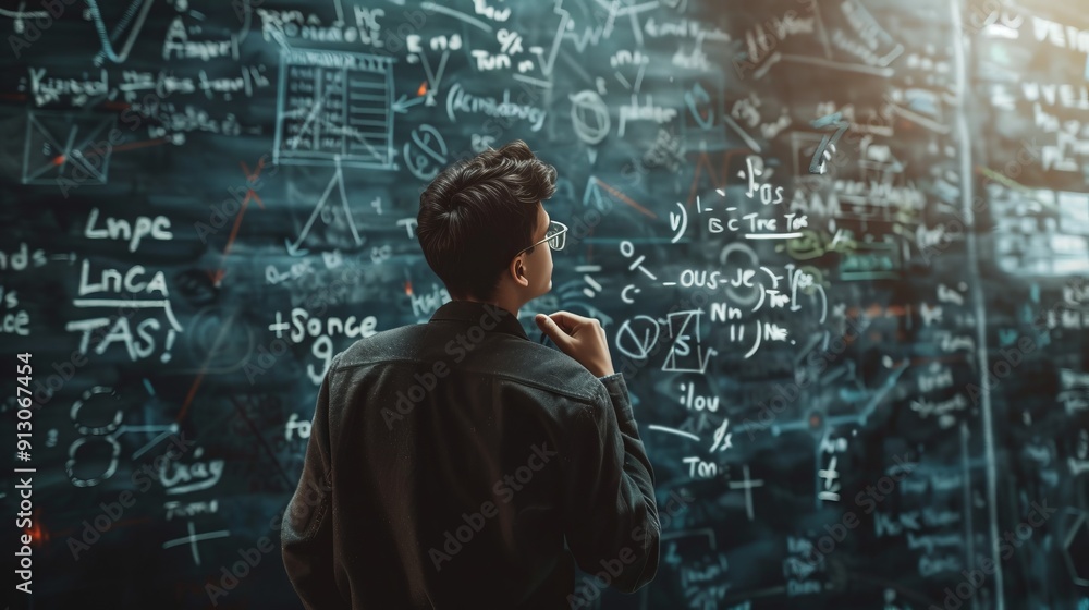 Person contemplating complex mathematics on chalkboard