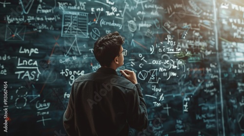 Obraz na płótnie Person contemplating complex mathematics on chalkboard w salonie