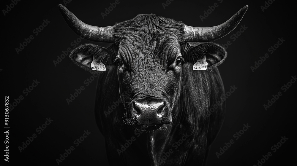 Naklejka premium Intense Bull Portrait in Black and White. Generative AI