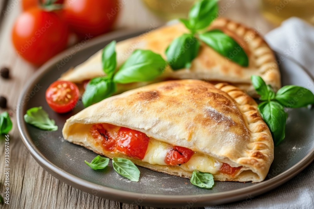 Fresh homemade calzones with tomato basil on wooden table Fresh homemade calzones with tomato basil on wooden table