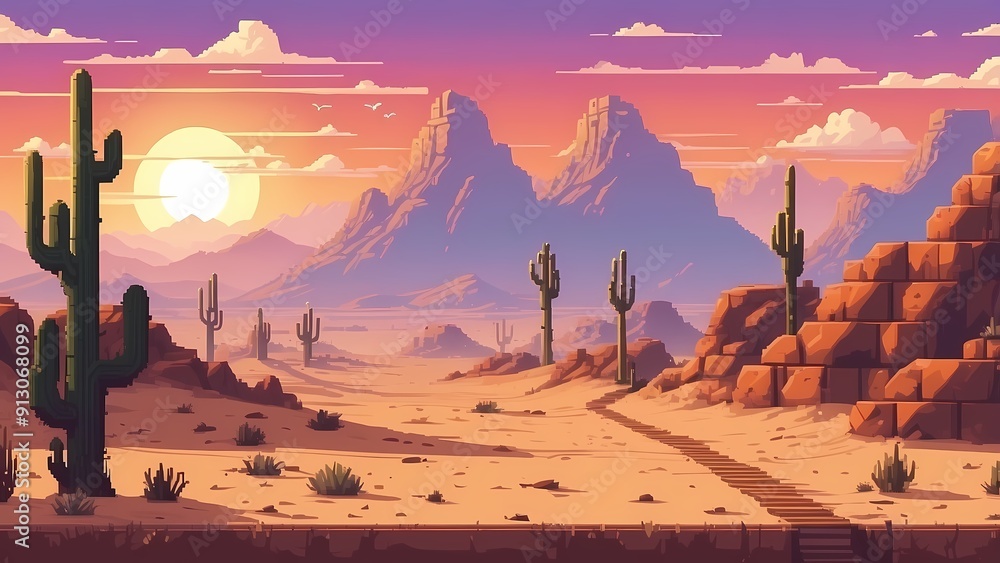 Fototapeta premium Game assets background RPG Gaming Battle Scene Desert sunset in Pixel 8bits 16bits 32 bits