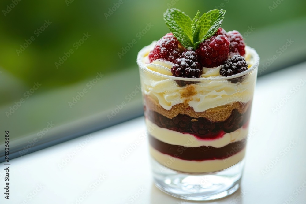 Fresh berry trifle dessert in glass with mint garnish Fresh berry trifle dessert in glass with mint garnish