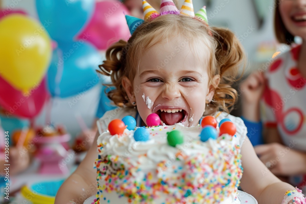 A happy child with a unicorn headband enjoys their birthday cake surrounded by friends, colorful decorations, and balloons, reflecting a joyful and lively celebration. A happy child with a unicorn headband enjoys their birthday cake surrounded by friends, colorful decorations, and balloons, reflecting a joyful and lively celebration.