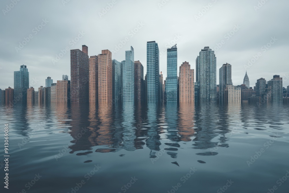 The image showcases a city skyline with buildings partially submerged in water, reflecting on urban challenges and environmental concerns in a modern-day setting. The image showcases a city skyline with buildings partially submerged in water, reflecting on urban challenges and environmental concerns in a modern-day setting.