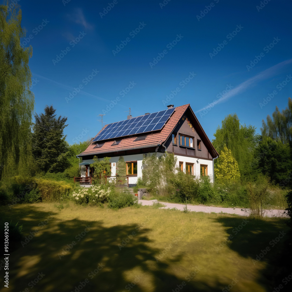 Sustainable Living: Modern Home Equipped with Solar Panels Amidst Natural Greenery Sustainable Living: Modern Home Equipped with Solar Panels Amidst Natural Greenery
