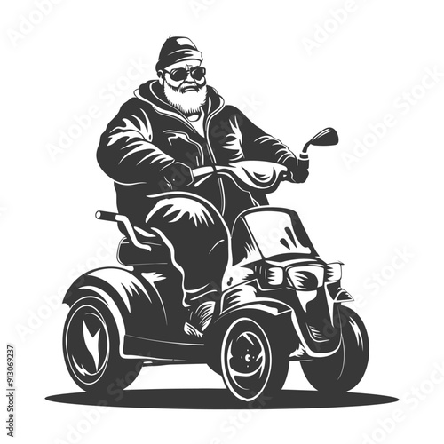 Bearded Man in Hat Driving a Trike with a Golf Club