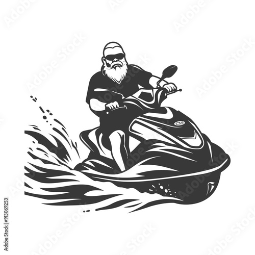Bearded man riding a jet ski through waves