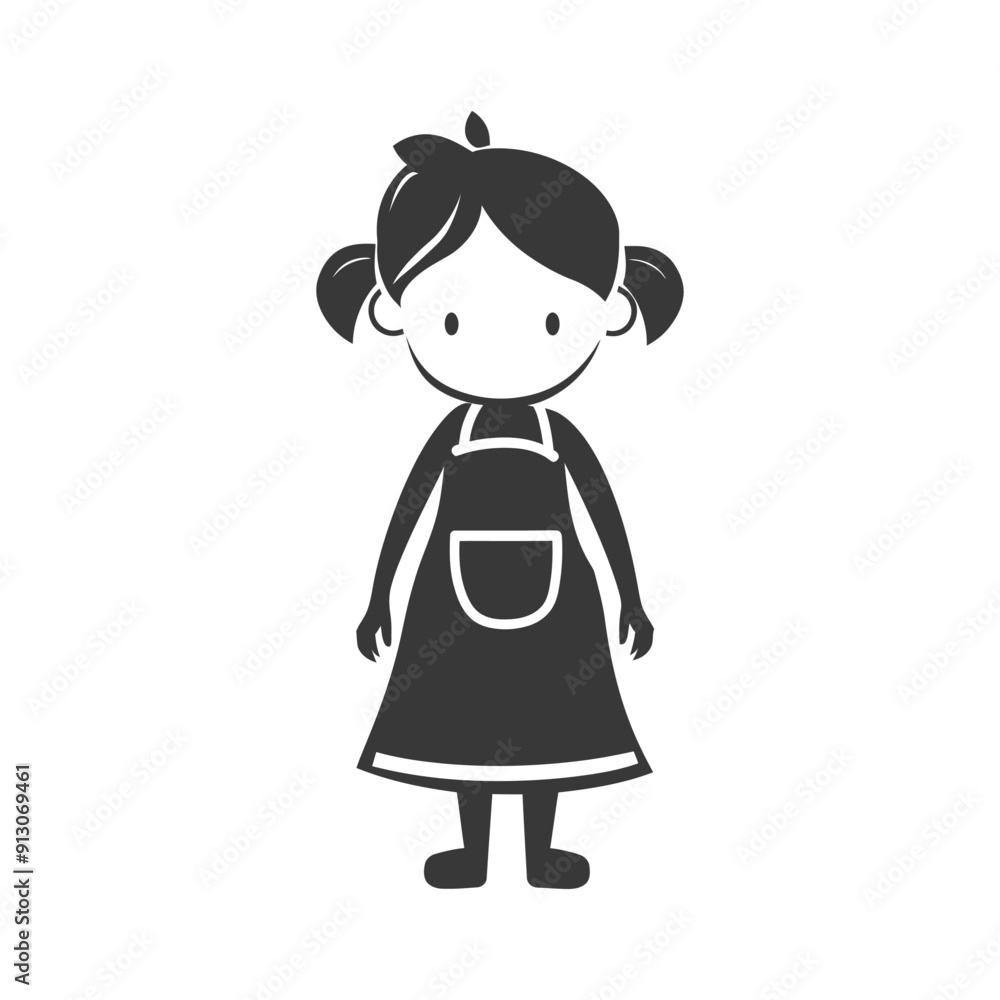 Black and white cartoon silhouette of a girl with pigtails and an apron