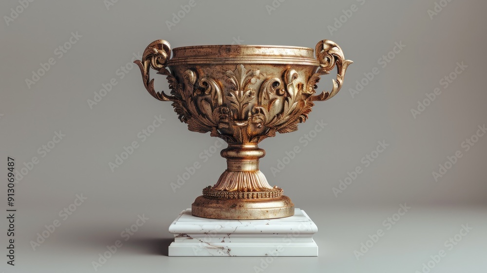 Ornate Golden Trophy on Marble Surface. Ornate Golden Trophy on Marble Surface.