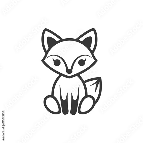 Black and white cartoon image of a fox sitting