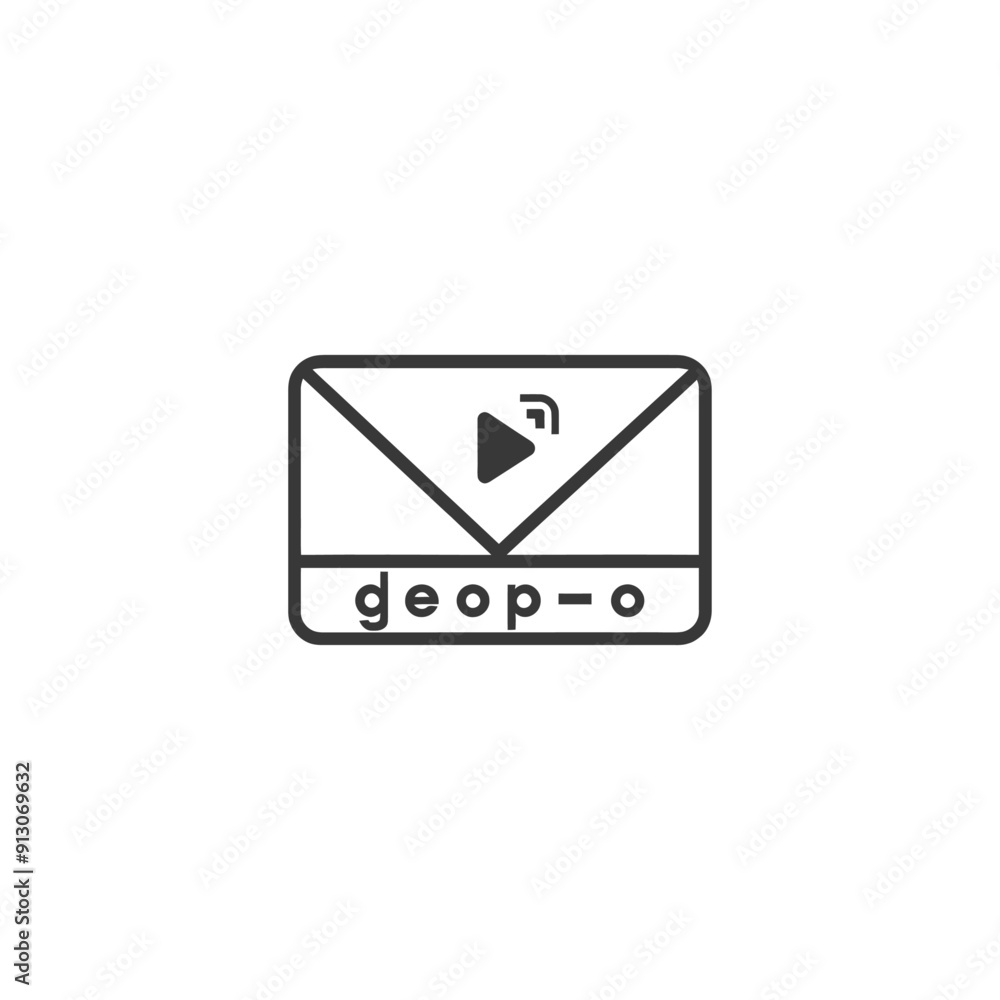 Black and White Envelope Icon with Play Button and geop o Text Black and White Envelope Icon with Play Button and geop o Text