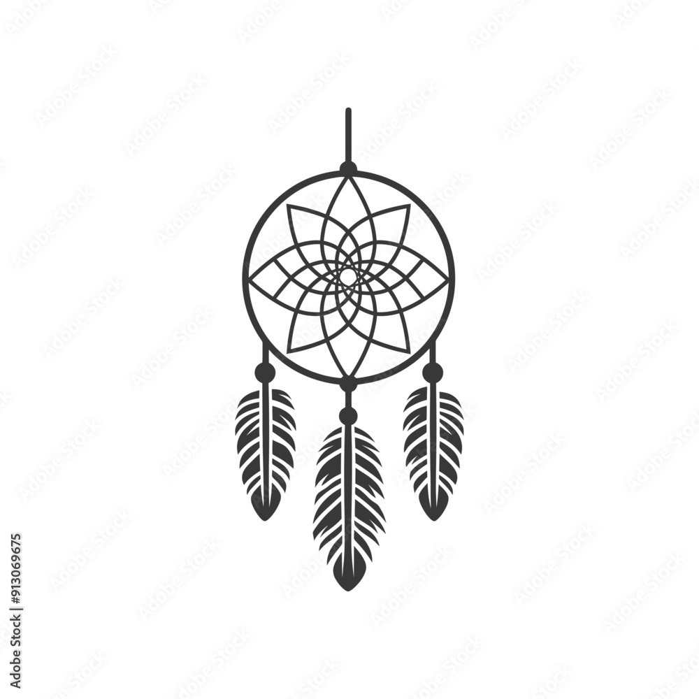 Fototapeta premium Black and White Dreamcatcher with Three Feathers