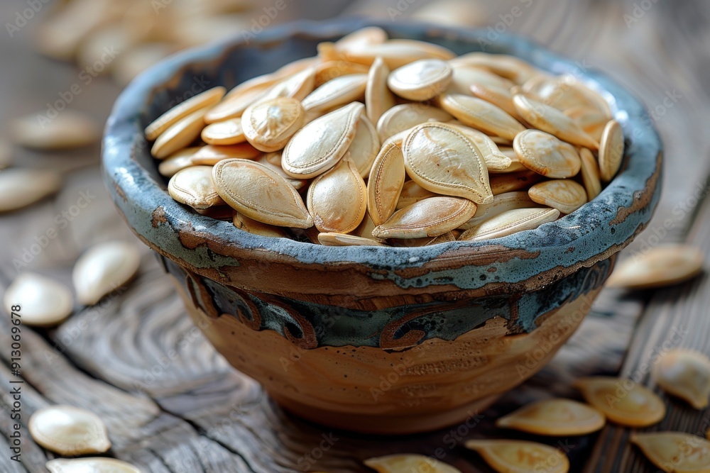 Bowl of pumpkin seeds on a wooden table, Food background Bowl of pumpkin seeds on a wooden table, Food background