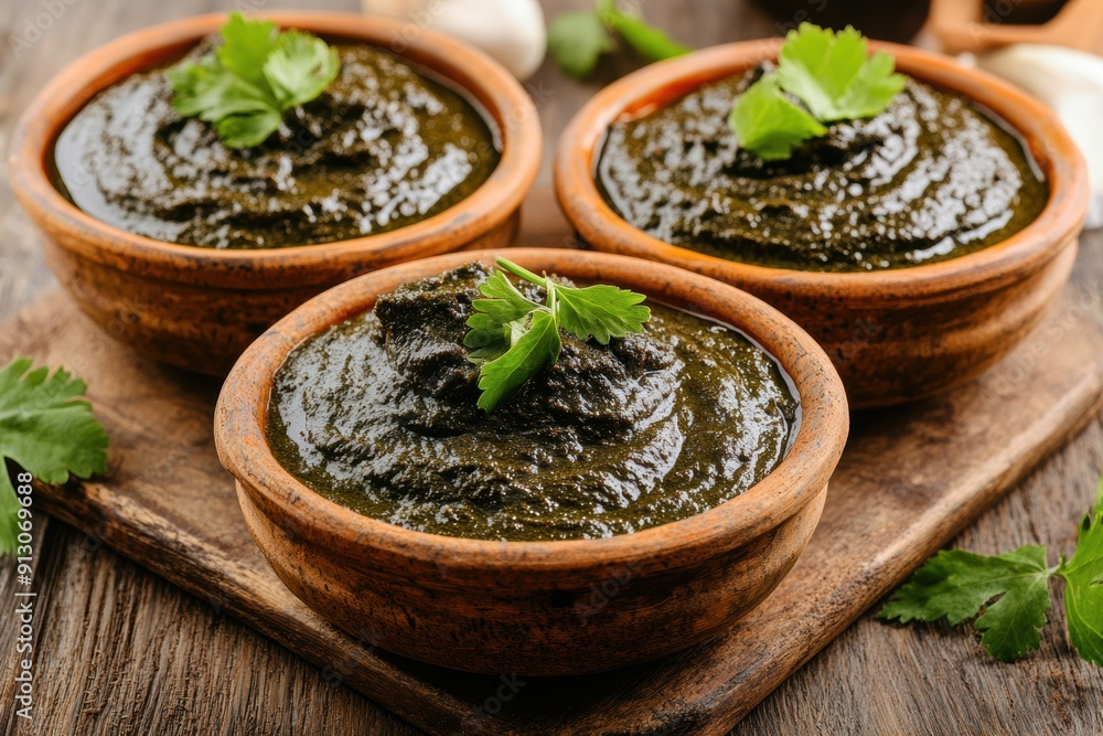 Homemade fresh pesto sauce in rustic clay bowls Homemade fresh pesto sauce in rustic clay bowls