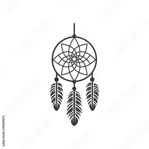 Black and White Dreamcatcher with Three Feathers