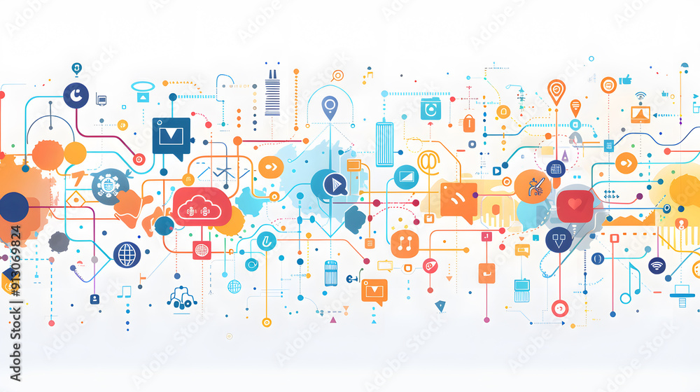 A flat vector illustration of an abstract digital network with icons representing various online devices and data on a white background with white space on the edges design A flat vector illustration of an abstract digital network with icons representing various online devices and data on a white background with white space on the edges design