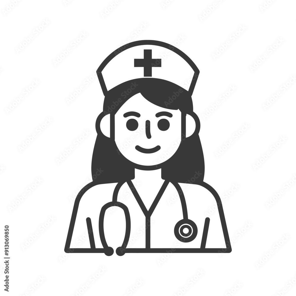 Black and White Icon of a Female Nurse Wearing a Hat and Stethoscope Black and White Icon of a Female Nurse Wearing a Hat and Stethoscope