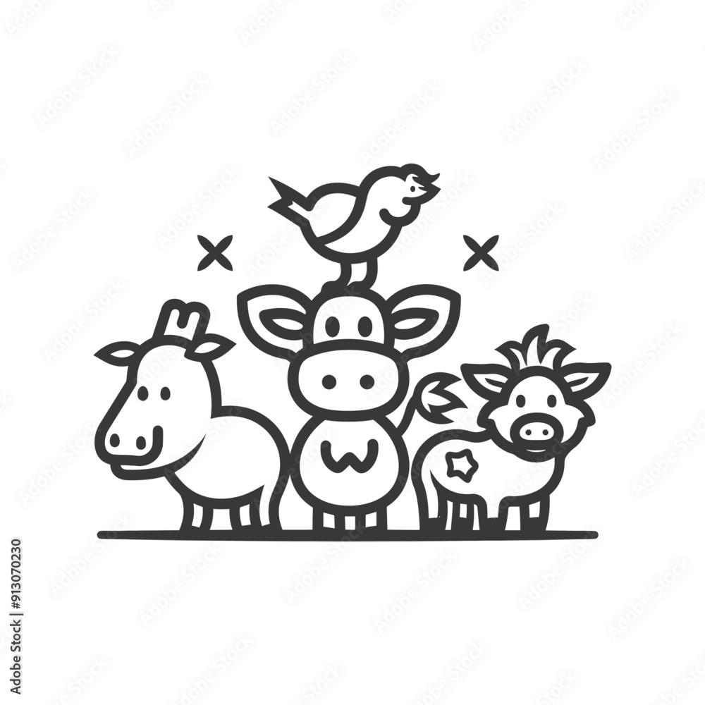 Obraz premium Charming Line Art Trio: Cow, Bird, and Wild Boar