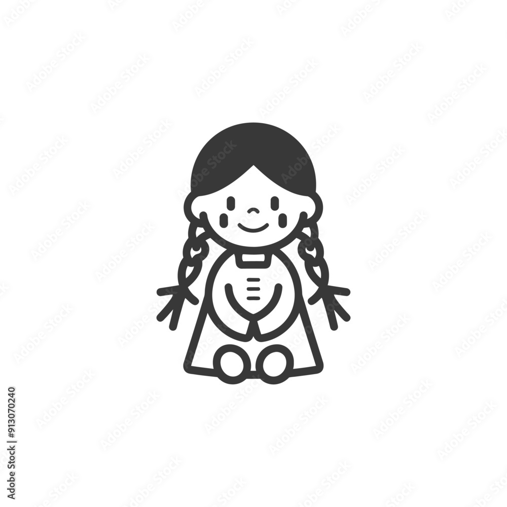 Smiling Girl Doll Icon: Simple Line Art, Braids, Traditional Dress Smiling Girl Doll Icon: Simple Line Art, Braids, Traditional Dress