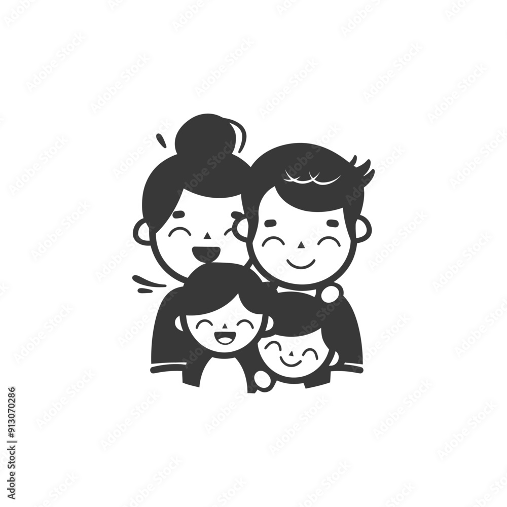 Happy Asian Family Icon: Simple Monochrome Illustration Happy Asian Family Icon: Simple Monochrome Illustration