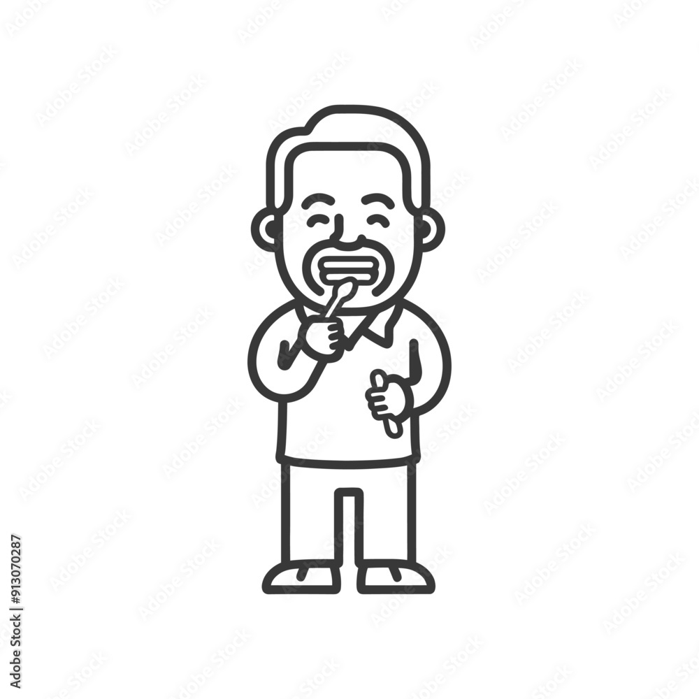 Cheerful Cartoon Man Brushing Teeth, Line Art Illustration Cheerful Cartoon Man Brushing Teeth, Line Art Illustration