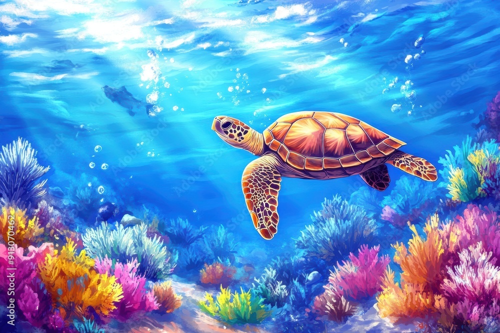 Fototapeta premium Vibrant underwater seascape with swimming sea turtle
