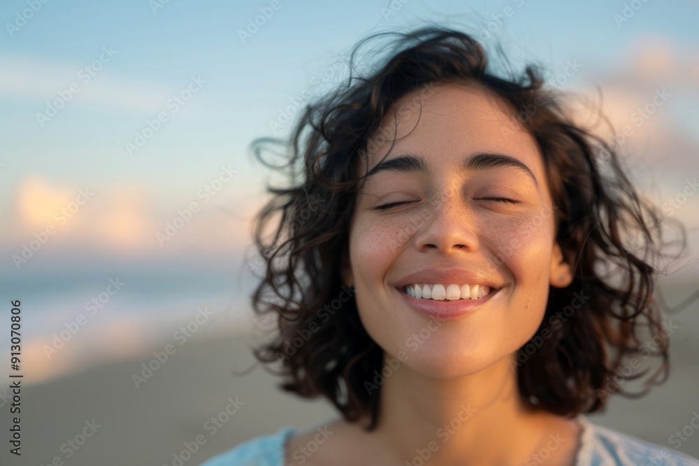 A woman with curly hair is smiling and looking at the camera. She has a bright and happy expression on her face A woman with curly hair is smiling and looking at the camera. She has a bright and happy expression on her face
