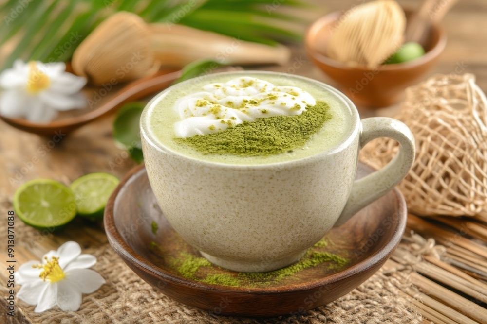Whipped matcha latte in ceramic mug on wooden table Whipped matcha latte in ceramic mug on wooden table