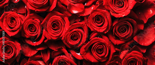 Fototapeta Naklejka Na Ścianę i Meble -  Background and texture of a bunch of red wet roses. Panorama.