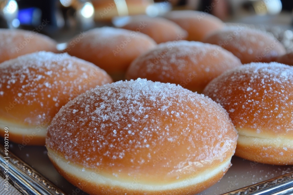 Freshly baked sugar-dusted doughnuts on tray Freshly baked sugar-dusted doughnuts on tray