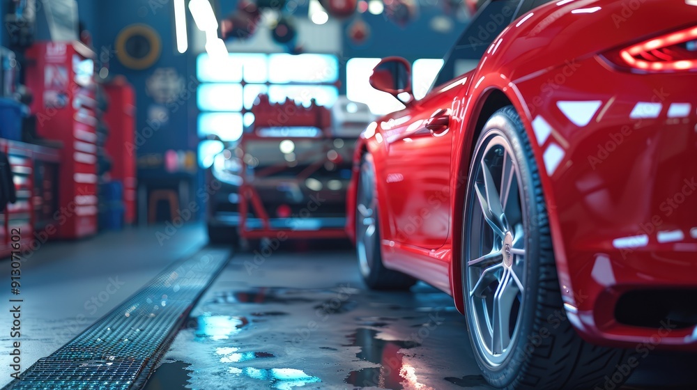 Close-Up of Car Detailing in a Garage at Sunset Close-Up of Car Detailing in a Garage at Sunset
