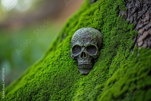 Moss-covered skull resting tree trunk in the