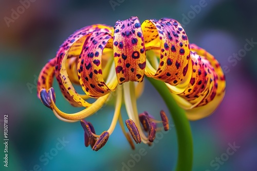 Vibrant tiger lily close-up with colorful blurred background photo