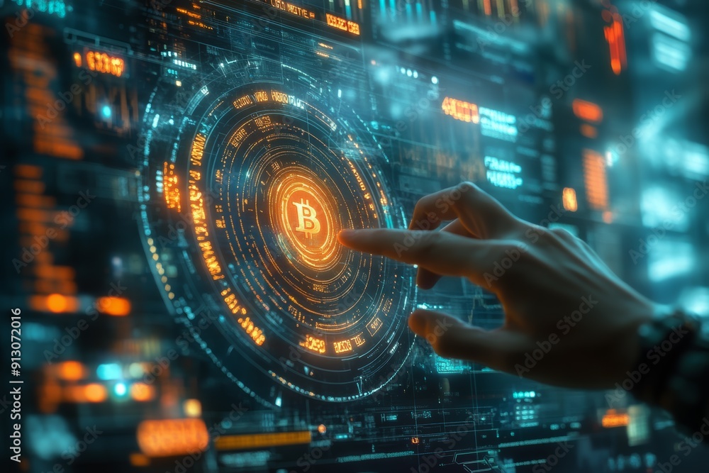 Fototapeta premium A futuristic interface displaying a Bitcoin symbol, with digital data and graphics surrounding a user's hand reaching out to interact with the screen