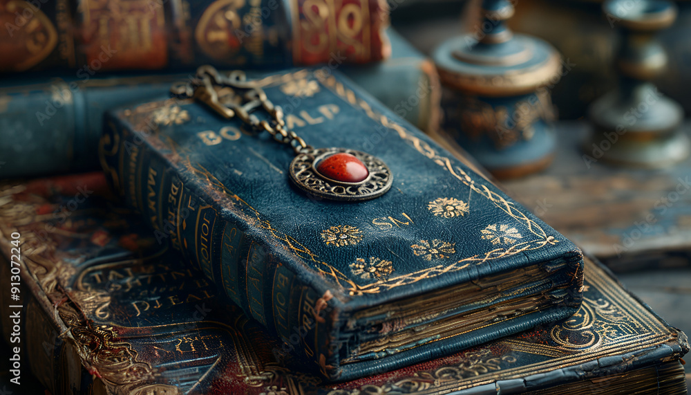 An antique book resting on a surface, adorned with a striking red stone placed atop its cover. An antique book resting on a surface, adorned with a striking red stone placed atop its cover.