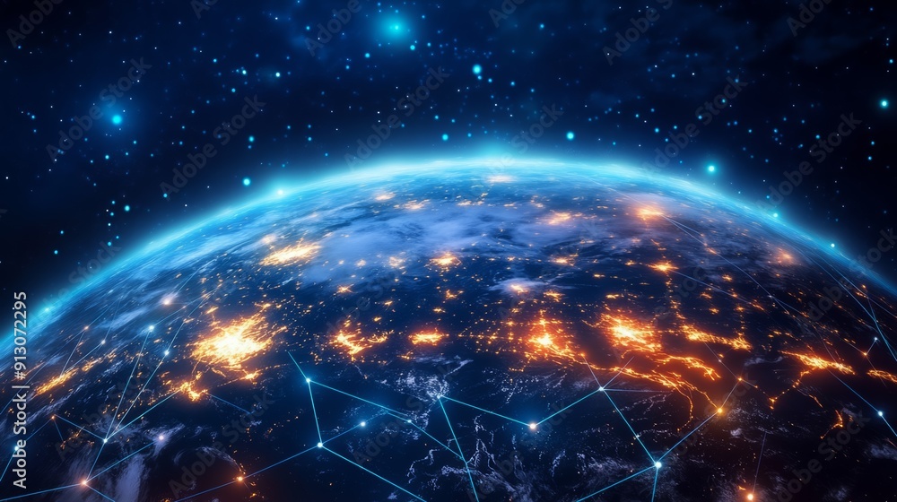 A stunning view of Earth from space, showcasing illuminated cities, a glowing atmosphere, and cosmic elements, highlighting the interconnectedness of the planet A stunning view of Earth from space, showcasing illuminated cities, a glowing atmosphere, and cosmic elements, highlighting the interconnectedness of the planet