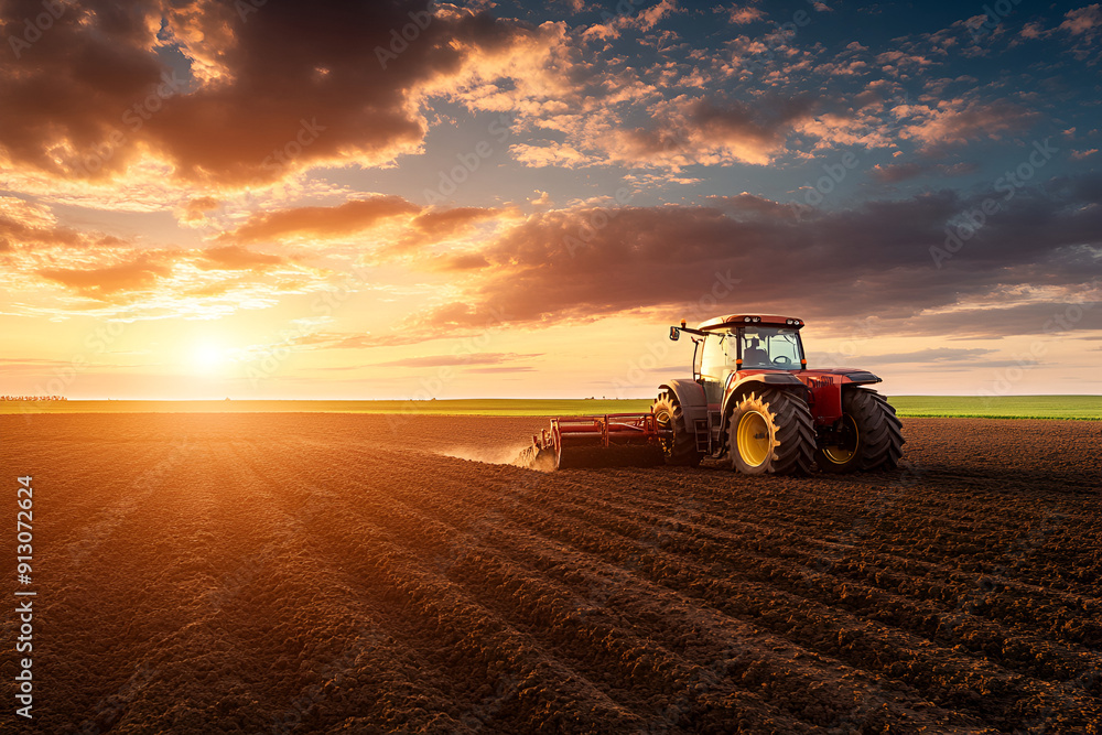 Obraz premium A yelllow tractor plows a field at sunset, creating a picturesque farming landscape with rich soil and a vibrant sky, symbolizing agricultural productivity and rural life.