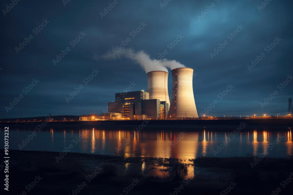 Nuclear power plant in natural night landscape background Nuclear power plant in natural night landscape background