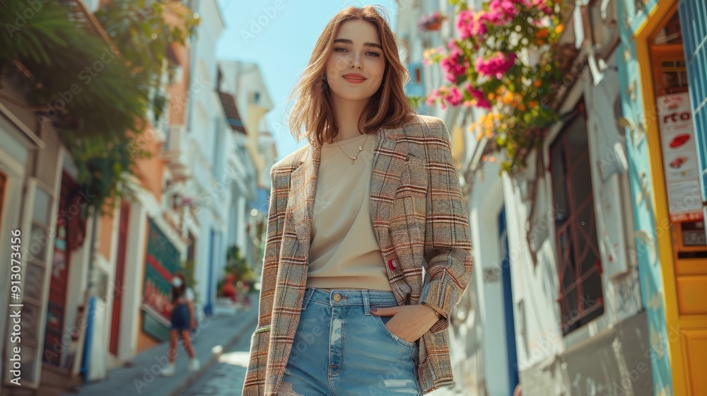 Woman stands confidently on urban street scene. Woman stands confidently on urban street scene.