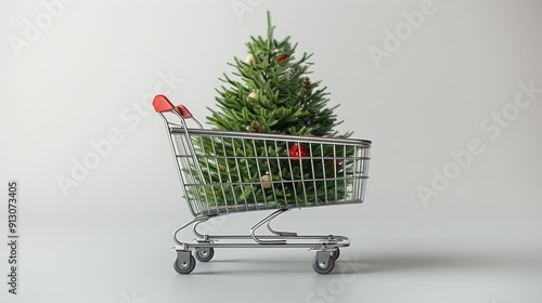 Shopping cart with Christmas tree on white background photo