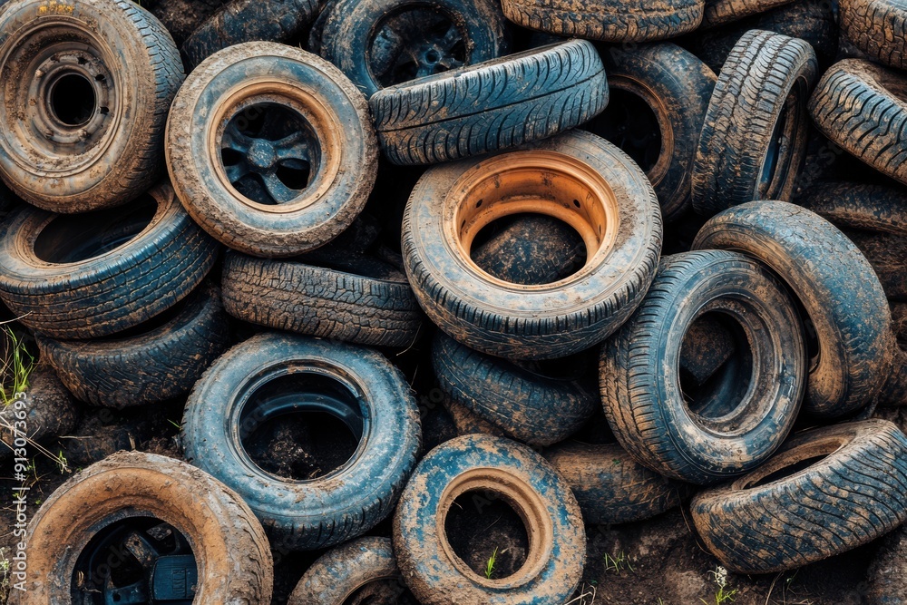 Pile of old tires discarded on ground Pile of old tires discarded on ground