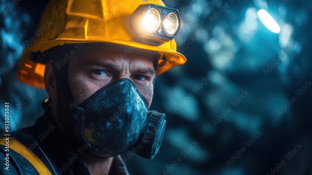 Miner with a helmet, headlamp, and dust mask underground, focused on mine safety Miner with a helmet, headlamp, and dust mask underground, focused on mine safety