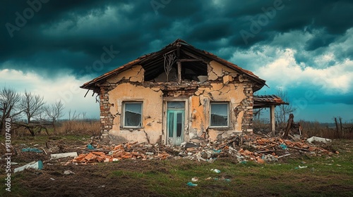 House with shattered windows and broken walls, storm destruction photo