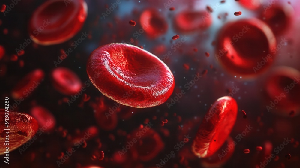 Fototapeta premium Detailed close-up of red blood cells in motion