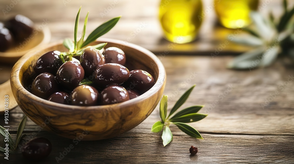 Fresh black olives in a wooden bowl with olive oil and leaves on a rustic wooden table Fresh black olives in a wooden bowl with olive oil and leaves on a rustic wooden table